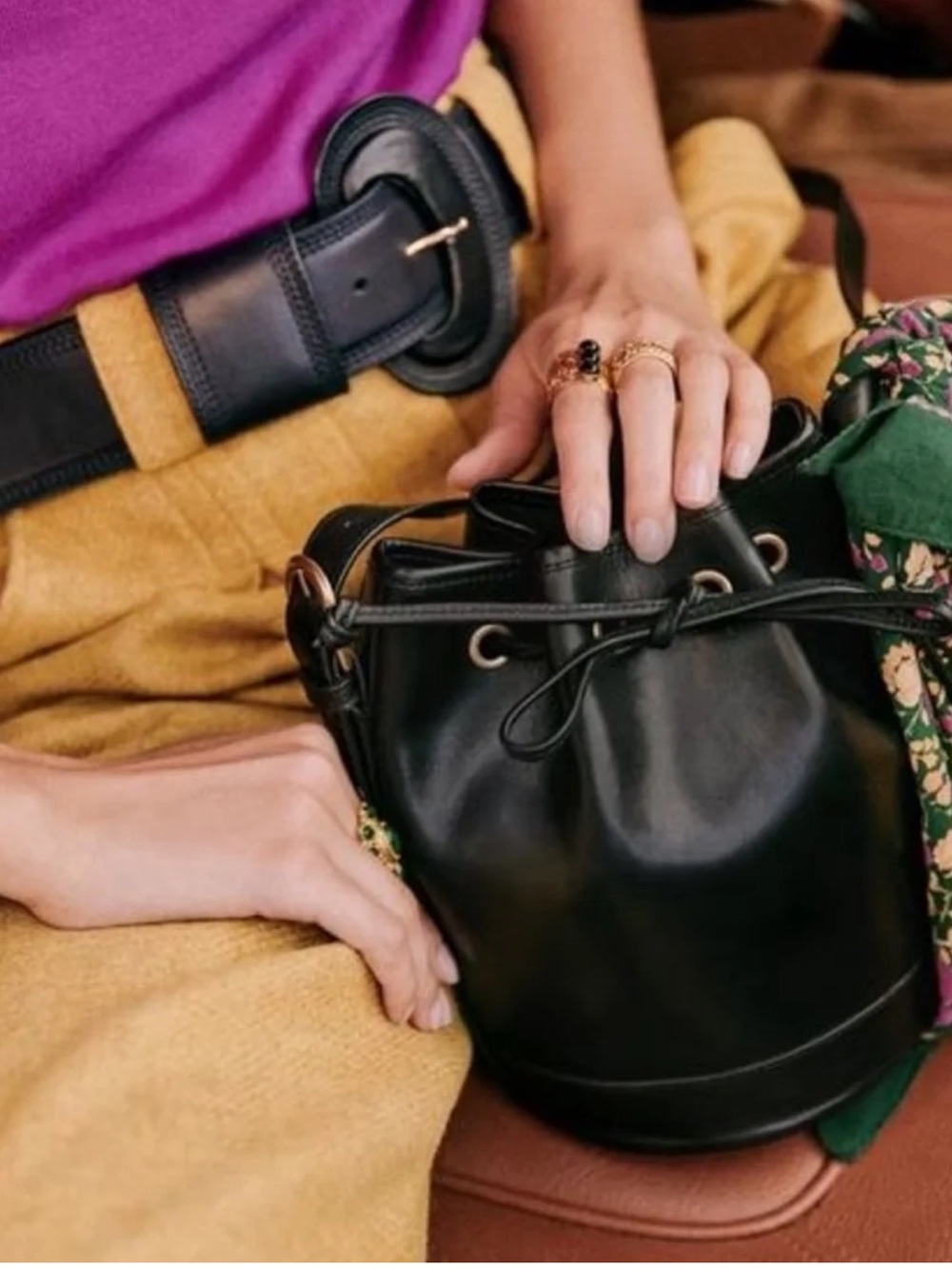Sezane Mini Farrow Classic Black Leather Bucket Bag - Minimal Crossbody